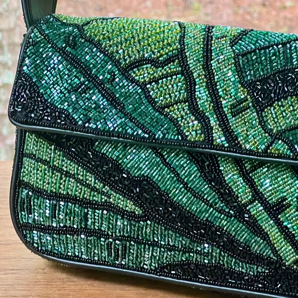 🌺🎉HP🎉🌺 NWOT Staud Beaded Tommy Shoulder Bag Green Palms  🌟 Rare Find 🌟 - Picture 2 of 16